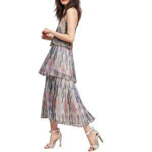 Anthropologie Floral Maxi Dress 2 Metallic Gray Pink Tiered Long Strappy Boho